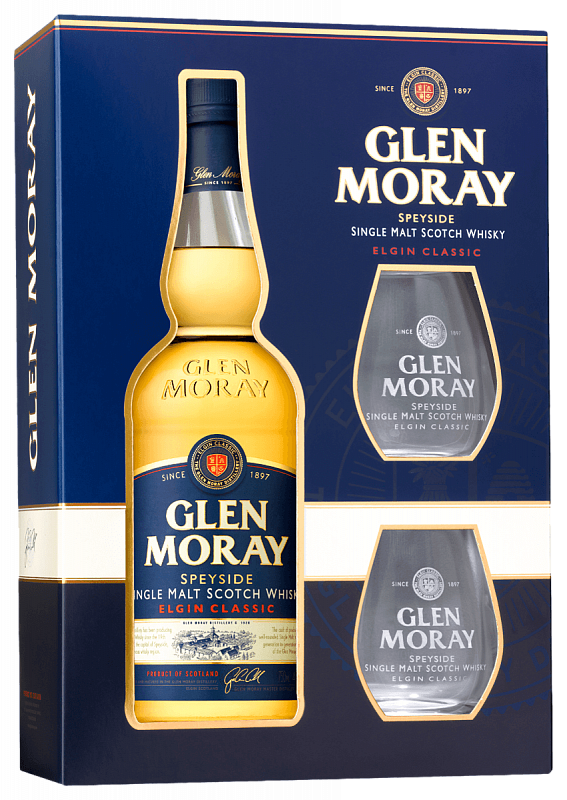 Глен Морей Элгин Классик Односолодовый Шотландский Виски в подарочной упаковке с двумя бокалами 0.7 л